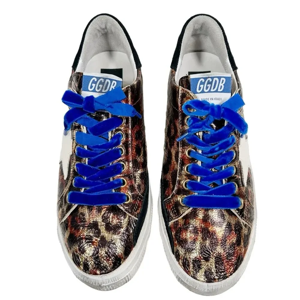 GOLDEN GOOSE May Sneaker in Leopard Laminated & Bluette Velvet Laces EU 39